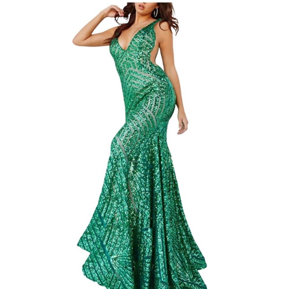 Jovani Green Sequin Backless Prom Gown